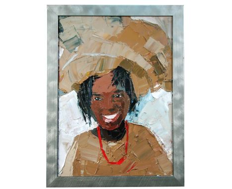 Gbenga Orimoloye (Nigerian, 1968) Onigele - Portrait of a young girl signed and dated lower right "G Orimoloye 2010" oil on c