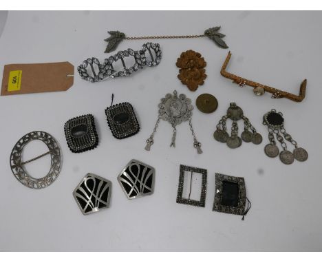 A collection of antique and vintage items to include Georgian cut steel buckles, a diamante example, white metal coin antique