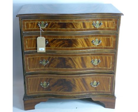 A Georgian style inlaid mahogany serpentine chest of four drawers, raised on bracket feet, H.79 W.75 D.41cm 