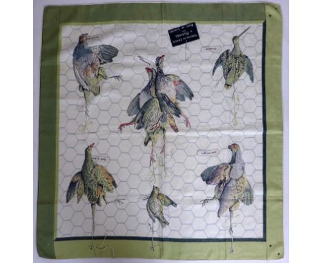 A vintage Hermes silk scarf in cream and green entitled 'Tableau De Chasse D'Hermes', Designer: Henri De Linares, 80 x 75cm 