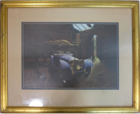 A print after David Player of a vintage motor car in a barn, 30 x 45cm 