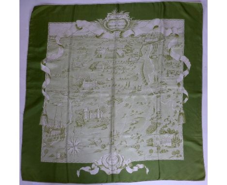 A vintage Hermes silk scarf in pale green entitled 'Les Chemins L'ile De France', 90 x 85cm approx 