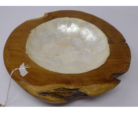 A wooden bowl with mother of pearl effect top, H.8 W.30 D.28cm 
