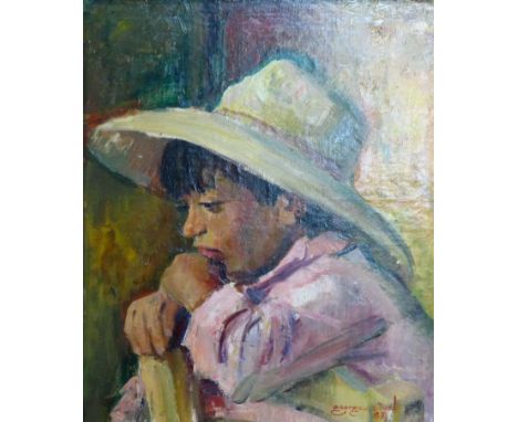 Georges Steel (1923-2010), Portrait of a boy wearing a hat, oil on board, signed and dated '67 to lower right, 49 x 39cm 