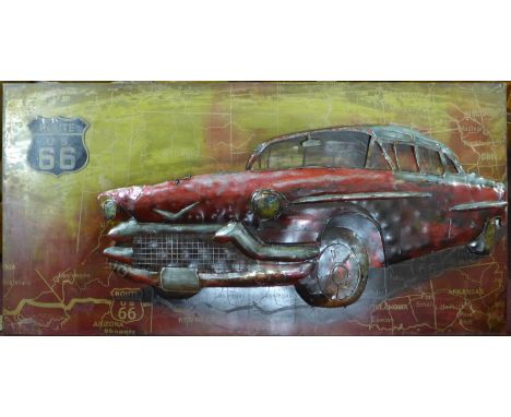 A Route 66 sheet metal wall plaque with vintage car, with certificate of authenticity to verso, 70 x 141cm 