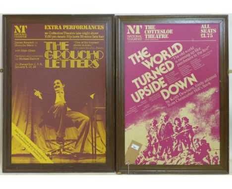 Two vintage national theatre posters for 'The Groucho Letters' and 'The World Turned Upside Down', in oak frames 