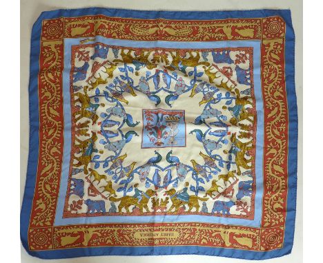 A vintage Hermes silk scarf in the 'Early America' pattern with George and Martha Washington to the centre, 1979, Designer: F