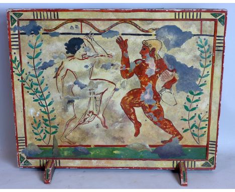 A 20th century hand painted wooden fire screen, H.67 W.82 D.20cm 