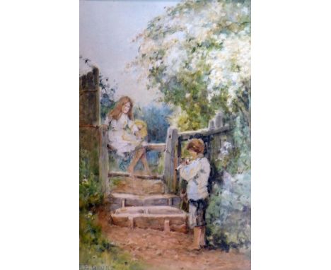 F. E. Grone, a boy playing to recorder to a girl seated on a gate, gouache, signed lower left, 34 x 24cm 