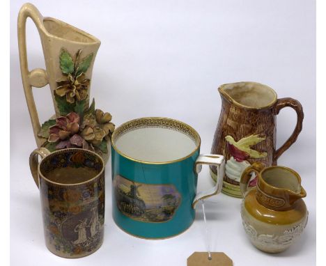 Five pieces of English china to include a 19th century Pratt ware tankard, damaged 