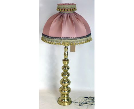 A 20th century brass table lamp with shade, H.124cm 