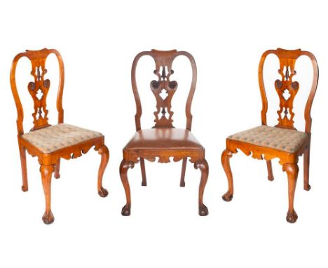 SET OF THREE PROVINCIAL GEORGE II FRUITWOOD SIDE CHAIRS, 18TH CENTURYeach with a open back with a centered foliate scroll, th