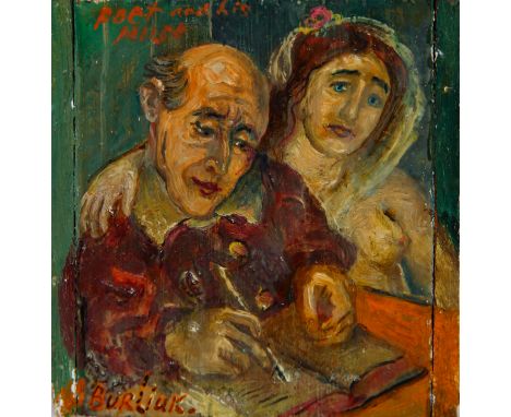 DAVID BURLIUK (UKRAINIAN 1882-1967)Poet and His Muse,oil on panel10.5 x 10.5 cm (4 1/8 x 4 1/8 in.)framed dimensions: 19 x 19