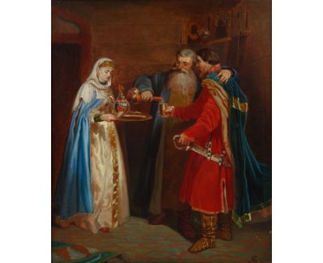 MICHAEL PETROVICH BOTKIN (RUSSIAN 1839-1912)Greeting the Guests,1870oil on panel32.5 x 27 cm (12 3/4 x 10 5/8 in.)framed dime