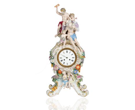 A LARGE MEISSEN 'JUPITER' PORCELAIN MANTLE CLOCK, AFTER ERNST AUGUST LEUTERITZ, LATE 19TH CENTURYmodelled after E.A. Leuterit