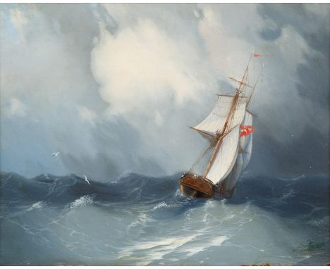 IVAN AIVAZOVSKII (RUSSIAN 1817-1900)Cutter in Choppy Seas,1881oil on panel27.2 x 34.6 cm (10 3/4 x 13 5/8 in.) framed dimensi