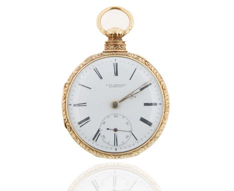 R&amp;G BEESLEY GOLD POCKET WATCHa fine gold watch, open face case, glass front cover, the white enamel dial with black Roman