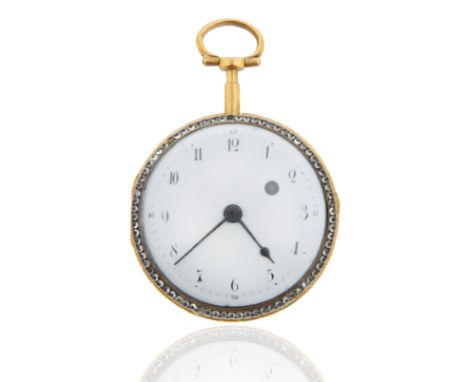 PAINTED AND BEJEWELED GOLD POCKET WATCHa fine gold watch, glass front cover, the white enamel dial with black numerals, a fig