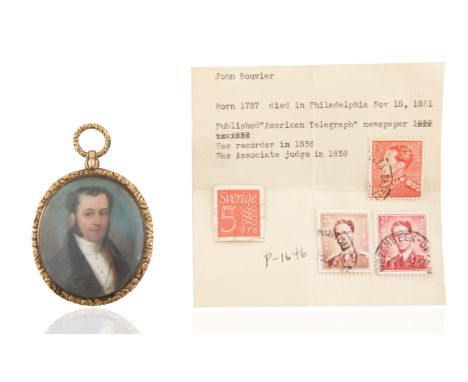 ENAMEL PORTRAIT OF JOHN BOUVIER (AMERICAN 1787-1851) ACCOMPANIED BY FOUR STAMPSpainted porcelain enamel portrait of John Bouv