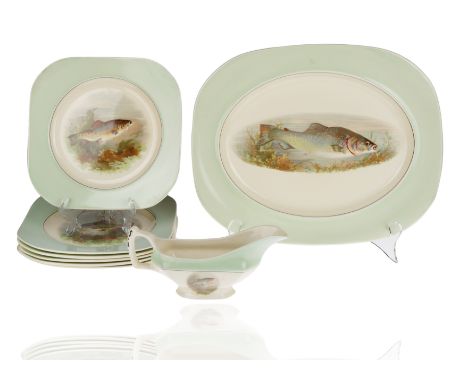 A PORCELAIN 'TROUT' SIX PIECE SERVICE SET, WOODS IVORY WARE, ENGLAND, EARLY 20TH CENTURYcomprising of four plates, serving pl