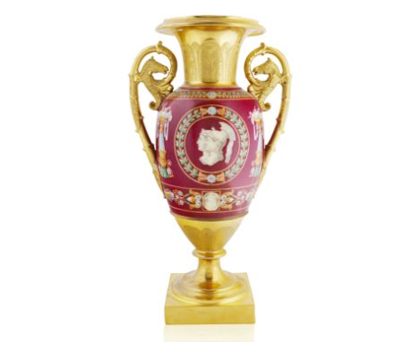 A 'OLD PARIS' FRENCH LANDSCAPE PORCELAIN AND GILT VASEoblong baluster form, with two handles terminating from the body formed