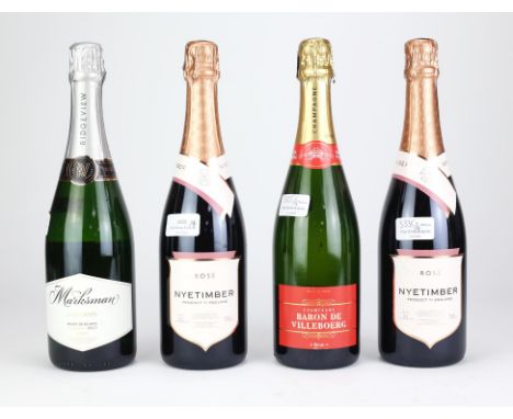 Champagne and sparkling wine, Baron De Villeboerg NV, one bottle, Marksman blanc de Blancs, one bottle, Nyetimber rose, two b