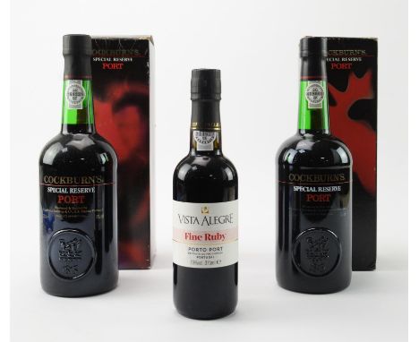 Ports and Cognacs, Cockburns Special Reserve, two bottles, Vista Alegre Fine Ruby, half bottle, Le Panto Gonzalez Byass Xerez