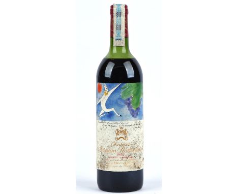 Bordeaux wine, Chateau Mouton Rothschild 1982, label design by John Huston, one bottle, levels to top shoulder, tears to labe