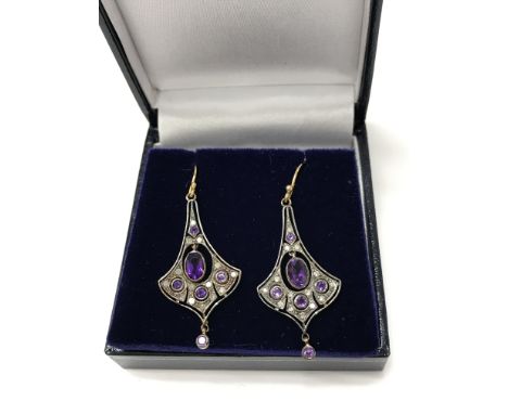 A pair of vintage flared amethyst and diamond drop earrings, boxed. The amethysts are 1ct approximately.