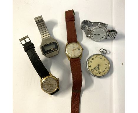 A collection of vintage watches including a Rotor digital alarm with steel strap, a vintage gold plated Climax etc.