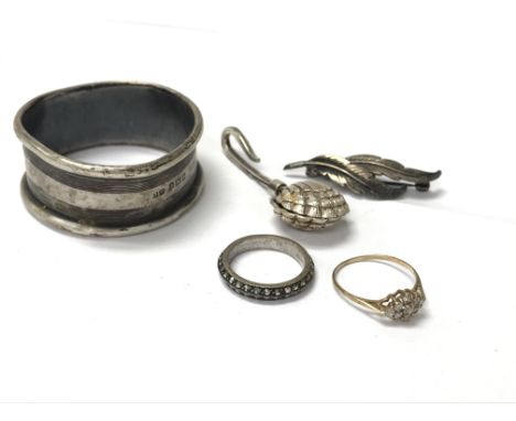 A collection of silver items and a 9ct gold ring.