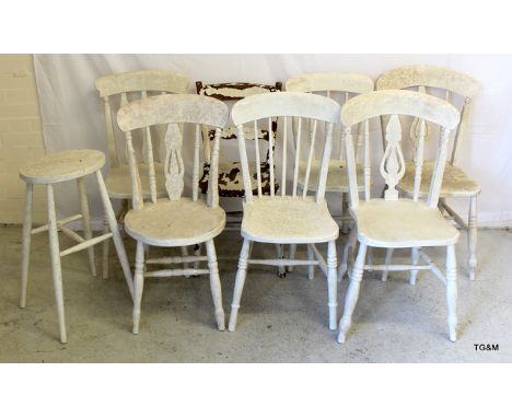 7 white painted elm and pine ladder backed chairs