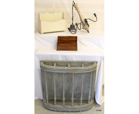 A rattan backed stick/umbrella stand, a wooden magazine rack and letter rack and a wooden ceiling light