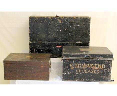 A metal Deed box storage trunk, a wooden drop front 2 drawer wooden tool chest and an Oak cutlery canteen