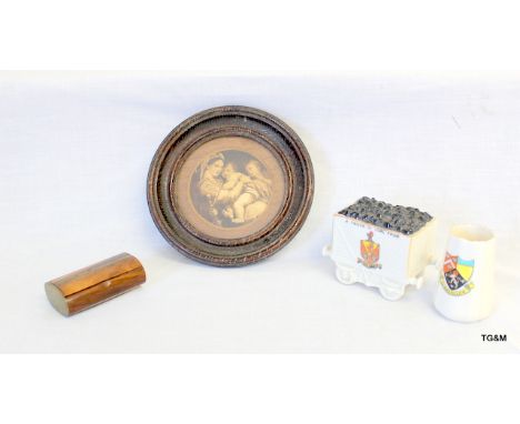 1 x miniature in oak frame, 2 pieces of crested ware, 1 x snuff box, wooden brass ends