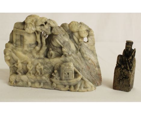 A Chinese Soapstone Carving Of A Mountain Scene With A Soapstone Seal