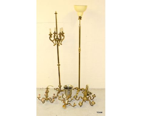 3 x French chandeliers (2 with drops) and a Bonus Champagne bucket from 1930's to 1950's and 2 French lamp stands 177cm tall