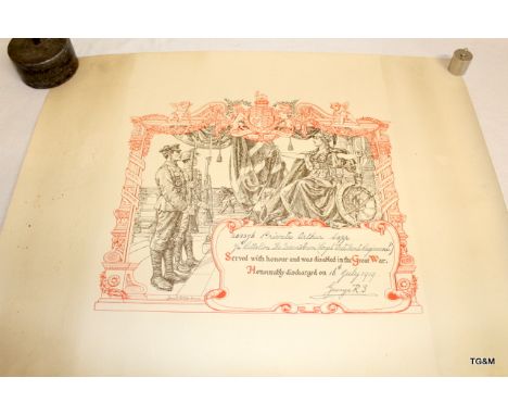 A WW1 Honourable Discharge Certificate drawn by Bernard Partridge awarded to 203376 Private Arthur Sopp of the Royal West Ken