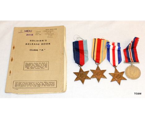 A WW2 medal group of four his Soldiers Release book and other related documents to Private WR Jackson of the Royal Army Servi