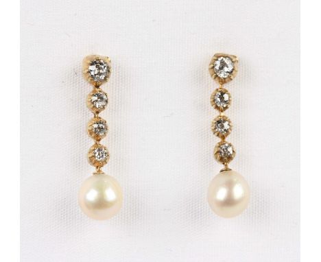 A pair of gold, diamond and cultured pearl earrings, each mounted with the principal cushion cut diamond above three smaller 