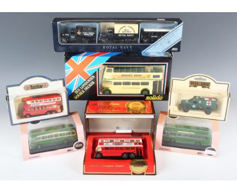 A collection of diecast buses, coaches and other vehicles, including Solido double decker bus, Matchbox Models of Yesteryear 