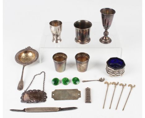 A small group of silver, including a set of four sterling cocktail sticks with cockerel finials, an octagonal pierced salt on