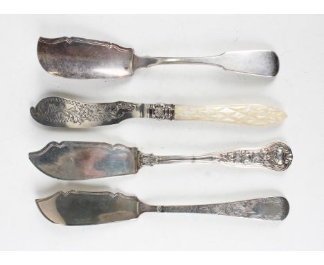 A William IV silver Fiddle pattern butter knife, Exeter 1831 by Joseph Hicks, length 18cm, a silver Rose pattern butter knife