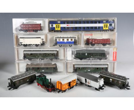 A collection of Fleischmann gauge HO railway items, including No. 4345 electric pantograph locomotive, No. 430003 pantograph 