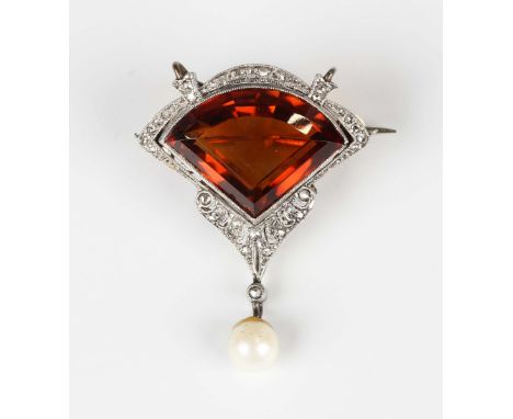 A citrine, diamond and cultured pearl brooch, mounted with a fan shaped citrine within a rose cut diamond surround, with a si