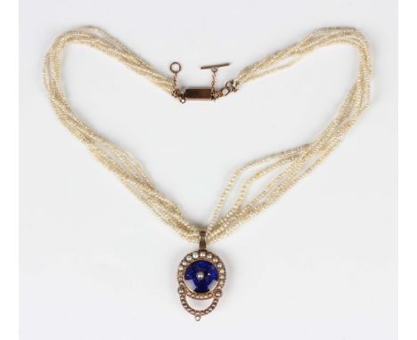 A five row necklace of seed pearls, early 19th century, the front with a blue enamelled and seed pearl set pendant, designed 