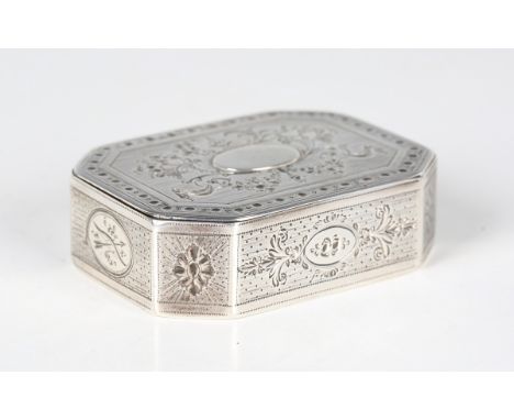 A George III silver octagonal snuff box, the hinged lid engraved with fruit-filled cornucopia and floral swags within a beade