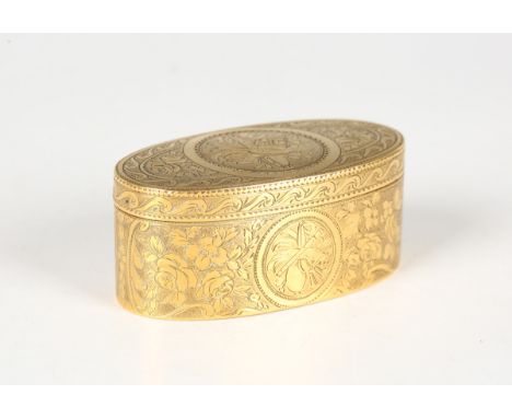 A George III gold oval snuff box, the hinged lid, sides and base later engraved with roundels filled with musical instruments
