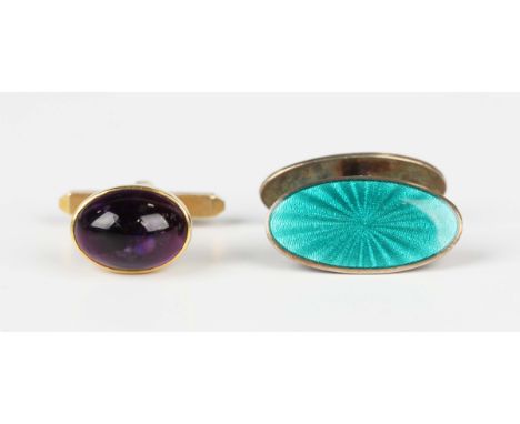 An 18ct gold and cabochon amethyst cufflink with a folding sprung bar fitting, weight 6.2g, and a Norwegian sterling silver a