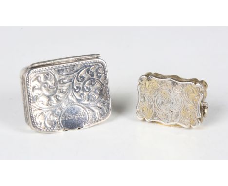 An early Victorian silver gilt rectangular vinaigrette with engraved foliate scroll decoration and pierced hinged grille, Bir